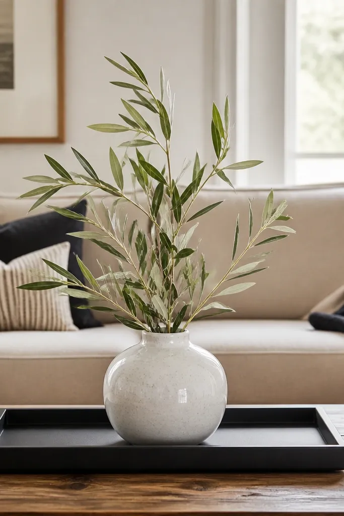 Black tray with white planter and a long faux stem running upward
