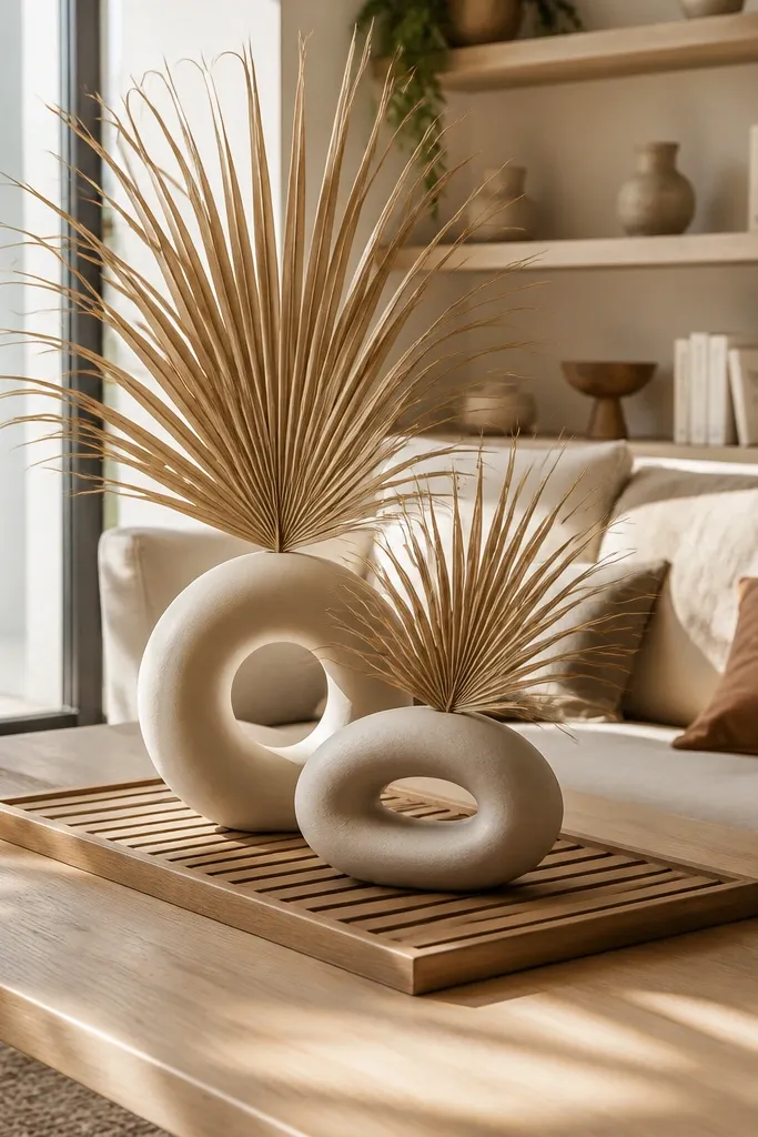 Wood slat tray with ceramic ring bowls and dried palm fronds