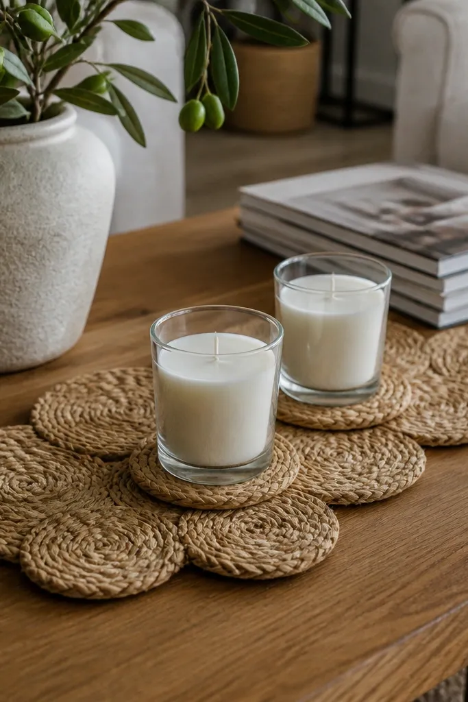 Coaster runner with two mini candles and a small magazine stack