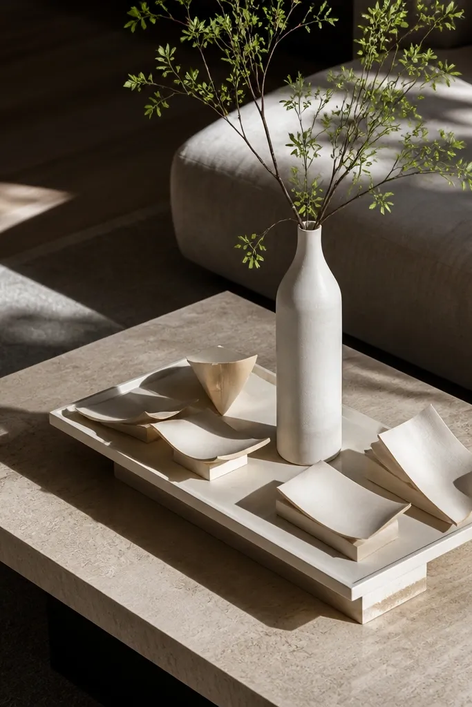 Ceramic tray with tall vase and a decorative stack of book pages