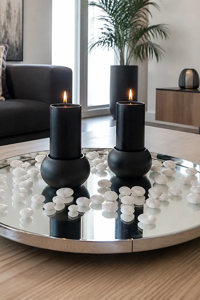 Mirrored tray with black candles and white pebbles