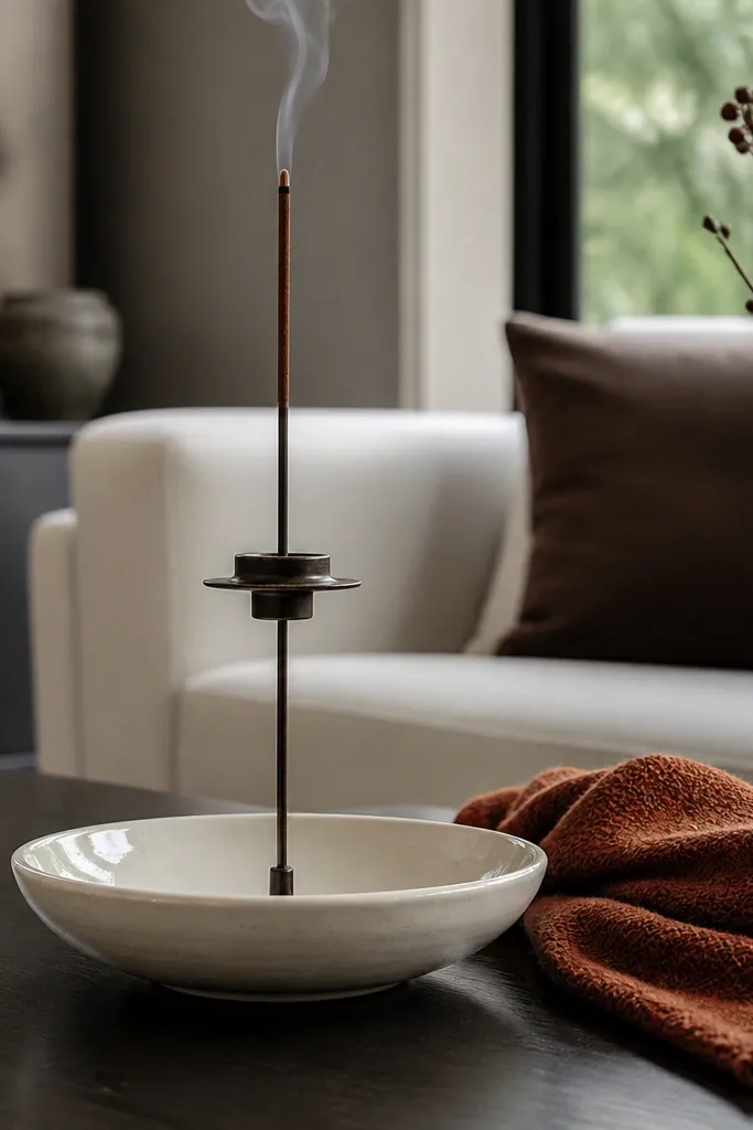 Shallow bowl with incense holder and a seasonal linen swatch