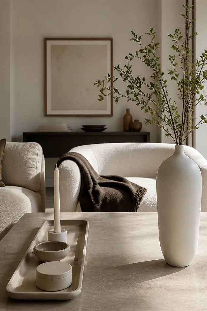 Long tray on left with small decor and a tall vase on right