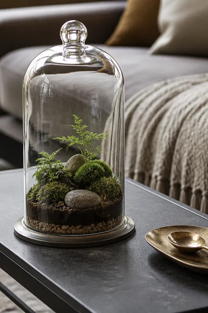 Glass cloche over mini terrarium with a brass spoon catchall nearby