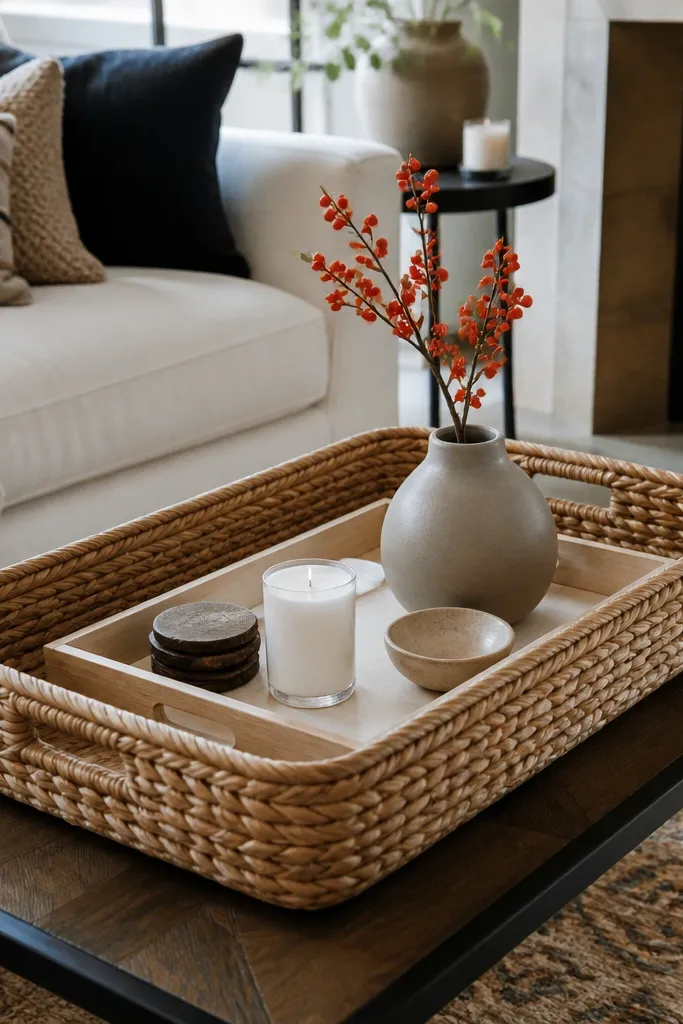 Large woven basket with a tray inside and one bright seasonal flower stem