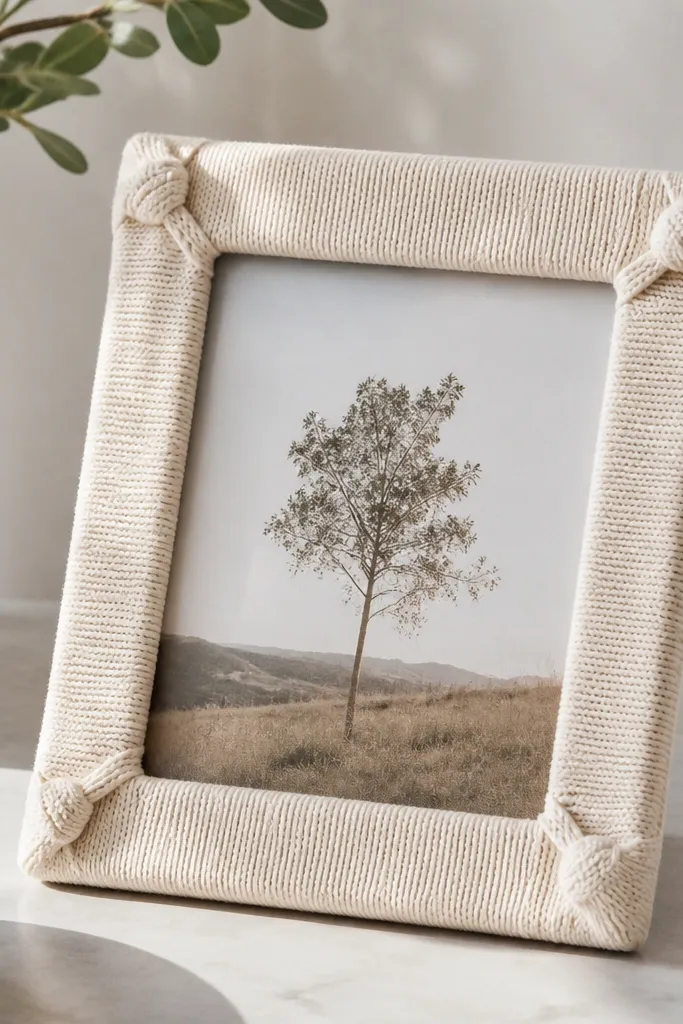 A rectangular photo frame covered in a cream knit fabric wrap, with the knit pattern visible and slightly stretched at the corners. The corners have small fabric knots, and the photo looks centered under clear acrylic.