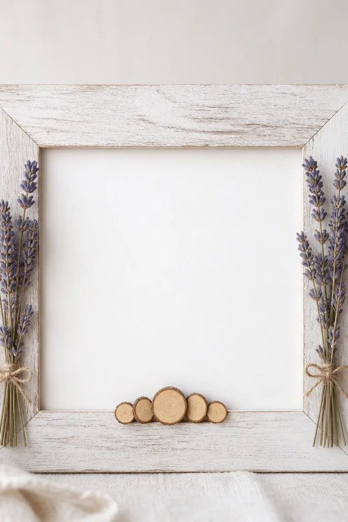 A simple whitewashed wooden frame with a small cluster of thin wood slices at the bottom. Two sprigs of dried lavender sit to the left and right of the photo, with a tiny twine bow.