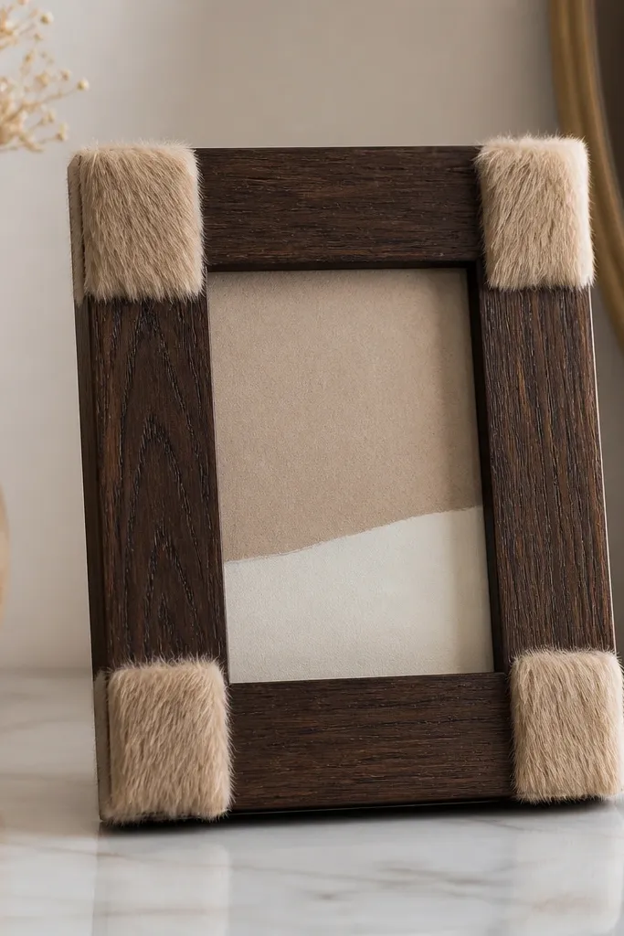A dark-stained wooden frame with four small faux fur rectangles at each corner, like soft paw pads. The fur is beige with long fibers, and the rest of the frame stays clean.