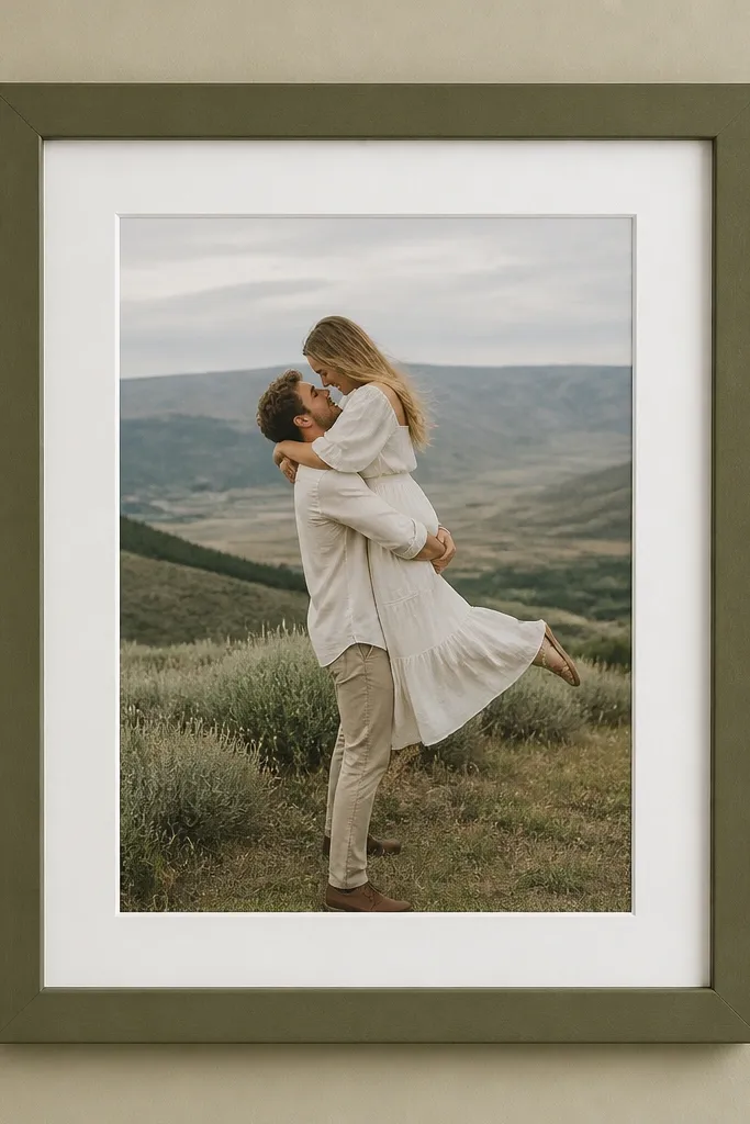 A matte olive-painted frame with a layered background behind the photo: a cream linen-textured paper strip runs horizontally across the center. The photo sits under a white mat with clean edges.