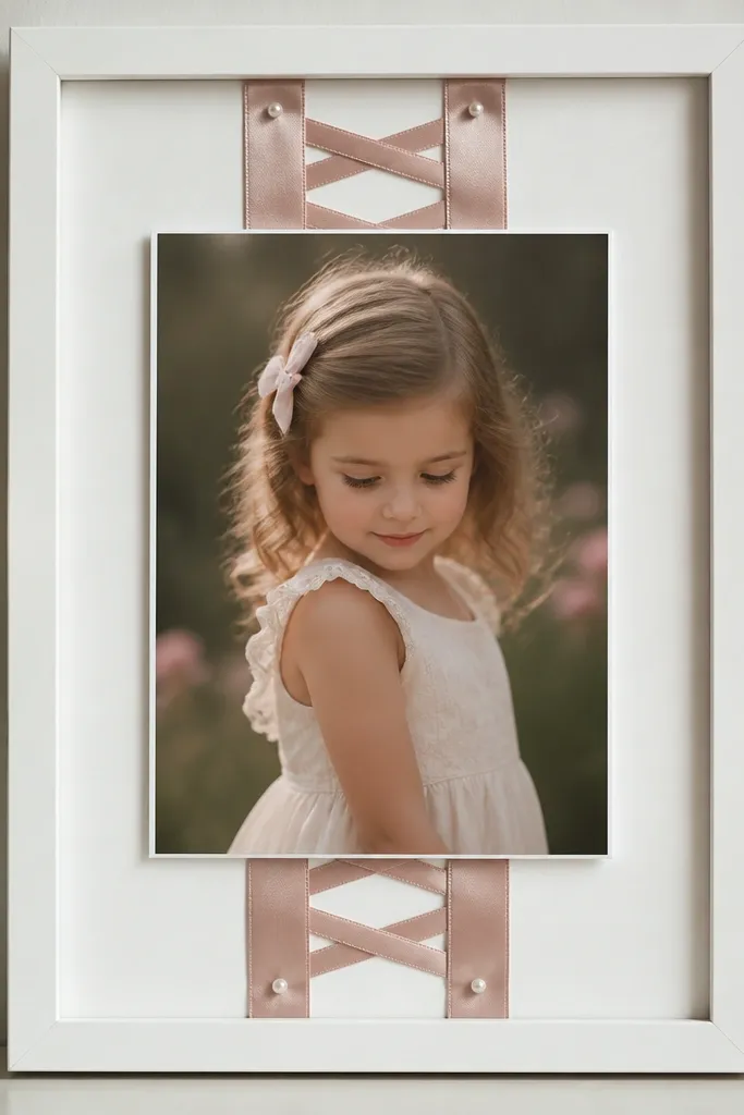 A white frame with a vertical ribbon ladder behind the photo: two satin ribbon lines and small cross ties. Tiny pearl-headed pins hold the ribbon ends on the backboard, not the front.