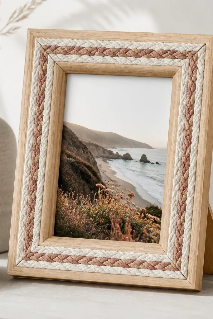A natural wood frame with a border made from three braided fabric cords in cream, tan, and muted rose. The braid forms a rectangle around the photo opening, with neat miters at the corners.