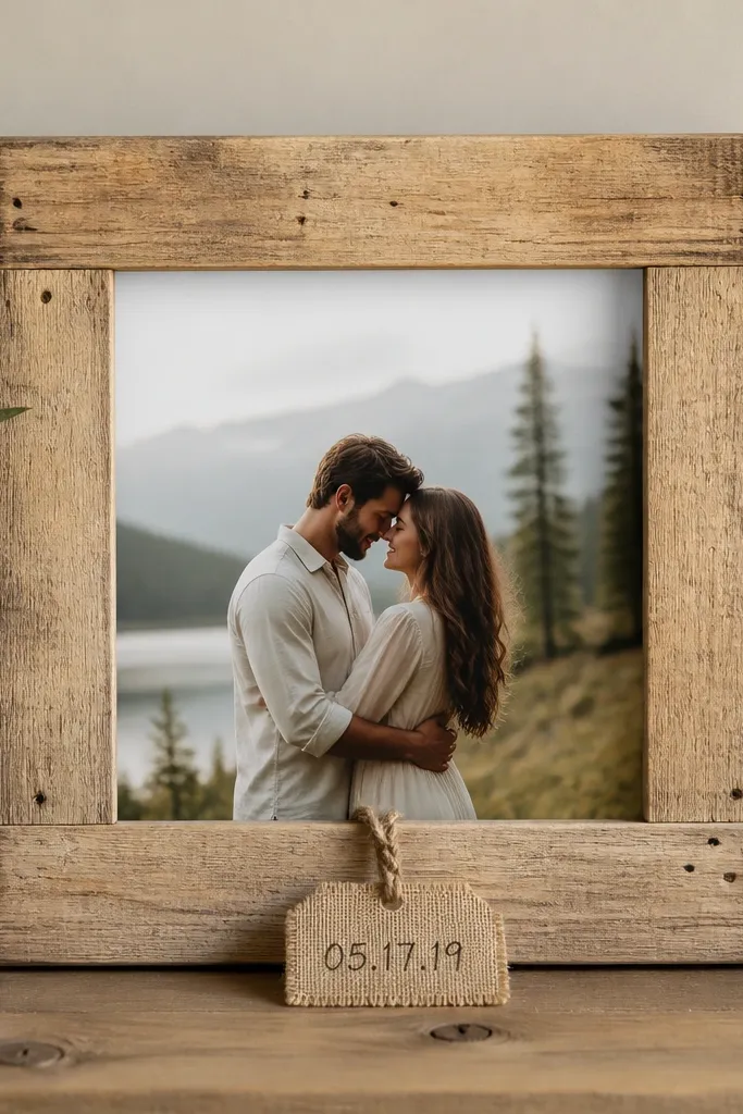 A pallet-wood frame with visible grain and small nail holes filled. A jute tag hangs at the bottom edge with a simple handwritten couple date on it, and the photo is in the center.