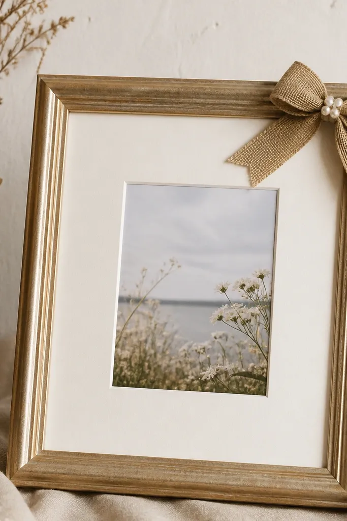 A beige-gold thrifted frame with a small burlap bow placed at the top right corner. The photo mat is off-white, and tiny pearl dots sit near the bow knot.