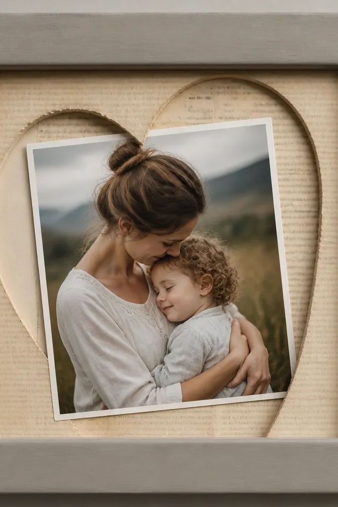 A warm gray painted frame with a heart shape cut from aged book pages behind the photo. The heart is slightly offset and the paper fibers show at the edges.