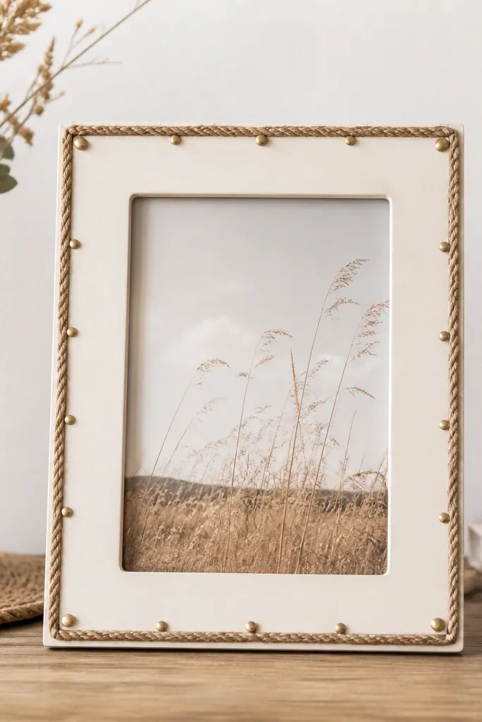 A cream frame with a border made from a thin coil of jute rope. Small brass nails dot the frame edge near the rope turns, creating a neat, rustic pattern.