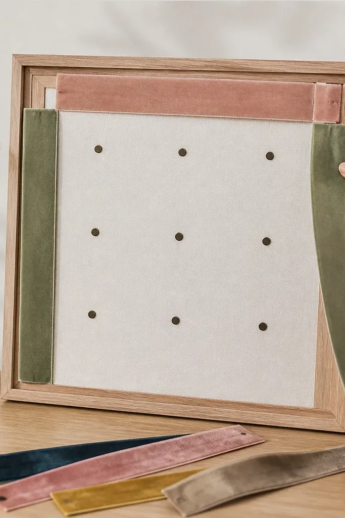 A neutral wood frame with a removable velvet ribbon panel system: small magnets are visible on the backboard, and different ribbon colors can be swapped at the top and sides.