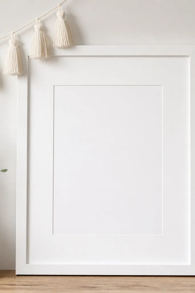 A white mat frame with a small tassel garland in the top left corner. The tassels are made from off-white yarn and hang in a neat short row.