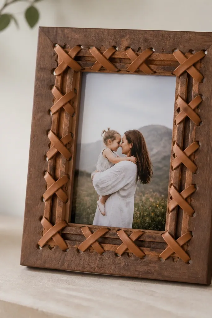 A walnut-stained frame with a leather strip laced in a crisscross pattern around the photo opening. The leather is caramel brown and looks smooth, with small punched holes.