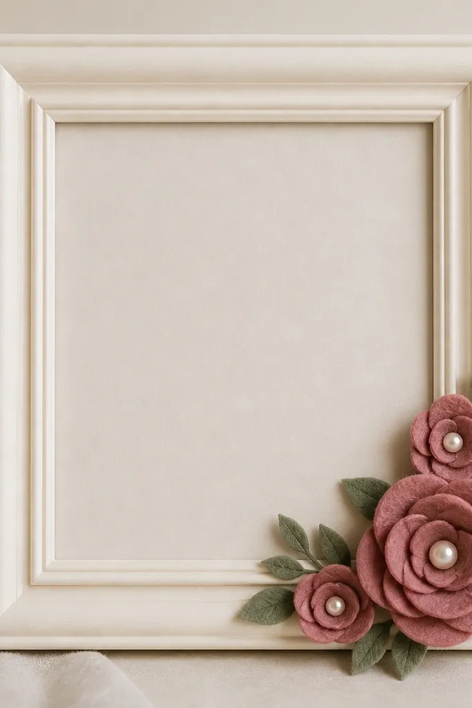 A cream frame with a cluster of layered felt flowers at the bottom right. The flowers are dusty rose, with small green felt leaves and a tiny pearl button in the center.