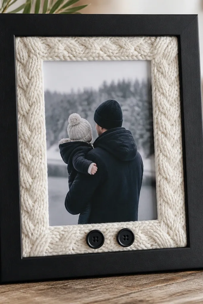 A matte black frame with cable knit trim wrapped around the photo opening. The knit is cream and shows the braided cable pattern, with two small black buttons at the bottom.