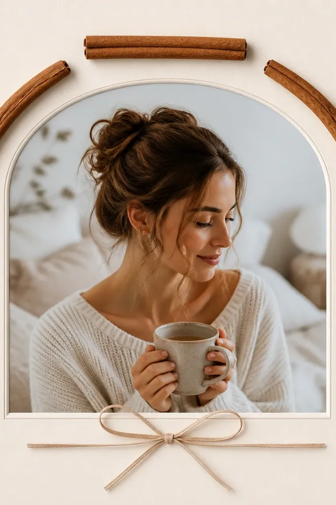 A cream frame with three cinnamon sticks placed in a gentle U-shaped halo around the top half of the photo. A thin ribbon bow sits at the bottom center.