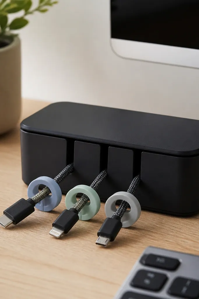 A small black cable organizer box on the desk with three braided cords. Each cord has a round binder ring tag in pale blue, mint, and gray, and the tags sit neatly at the front.