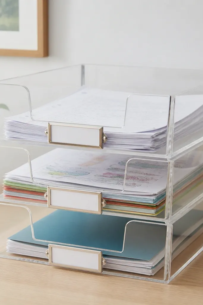 A transparent acrylic paper sorter with three stacked compartments labeled with small white cards. The top slot holds loose homework sheets, the middle holds current projects, and the bottom holds "to file."