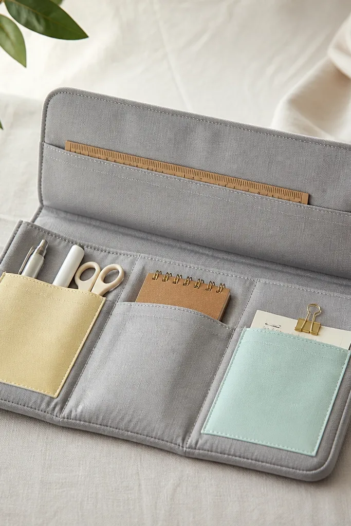 A soft gray fabric caddy with four stitched pockets. One pocket has a pale yellow divider, another has a mint pocket accent, and the top flap holds a small ruler pocket.