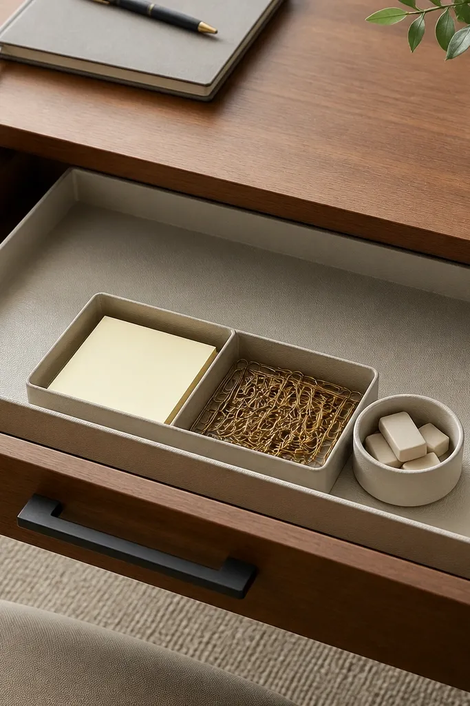 A wide desk drawer with a large shallow tray inside it. Inside the tray are two smaller compartments: one for sticky notes and one for paper clips, plus a tiny cup for erasers.