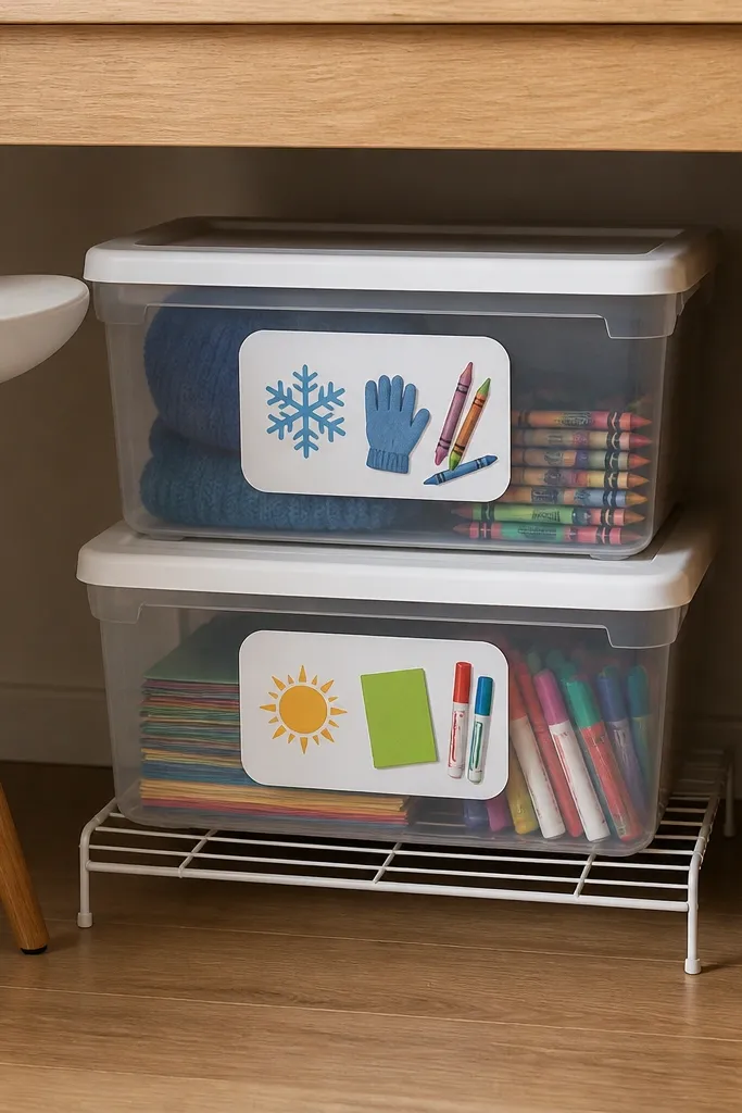 Two labeled plastic bins under a desk, stacked on a simple wire shelf. One bin has a winter label for extra crayons and gloves, the other has a summer label for art paper and markers.