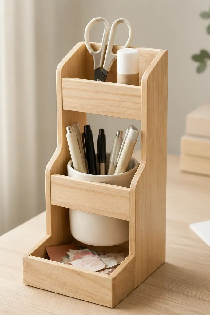 A compact standing organizer made of light wood with three sections. The top holds scissors and a glue stick, the middle has a cup for pens, and the bottom has a shallow tray for paper scraps.