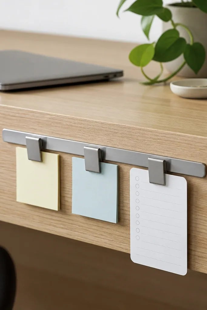 A thin stainless magnetic rail mounted on the side of a desk. Three clip-on note holders hold small sticky notes and a checklist card in neat rows.