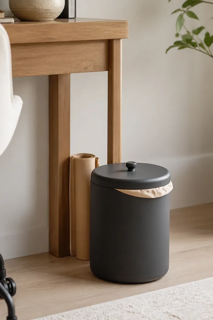 A small lidded trash can in matte charcoal on the floor beside the desk. A thin paper bag liner sits inside, with a roll of extra liners tucked behind.