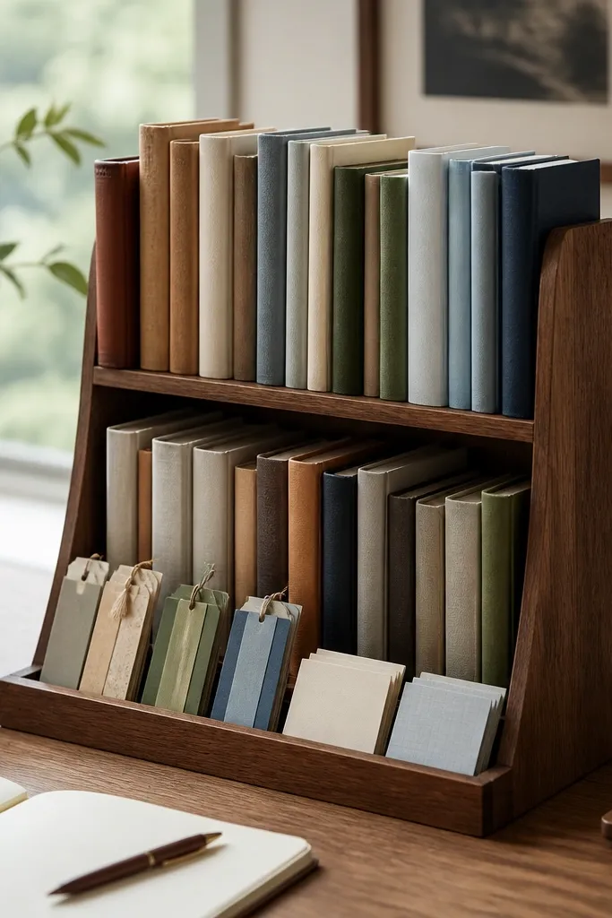 A two-tier book stand on the desk. The front edge has a thin channel holding bookmarks and small folded note cards. Books sit upright, and loose bookmarks are organized by size.
