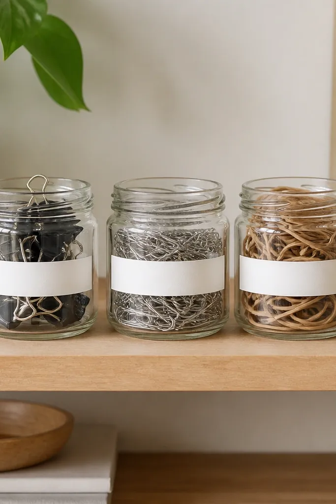 A shelf with three small glass jars labeled with white tape. One jar has binder clips, one has paper clips, and one has rubber bands. The labels are aligned in the same position on each jar.