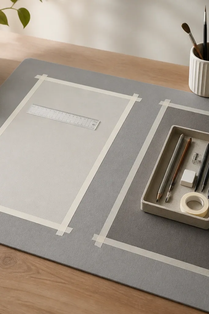 A large gray desk mat with two taped lanes: one lighter rectangle for writing and one darker rectangle for supplies. A small clear ruler sits on the writing lane, and the supply lane holds a pencil tray.