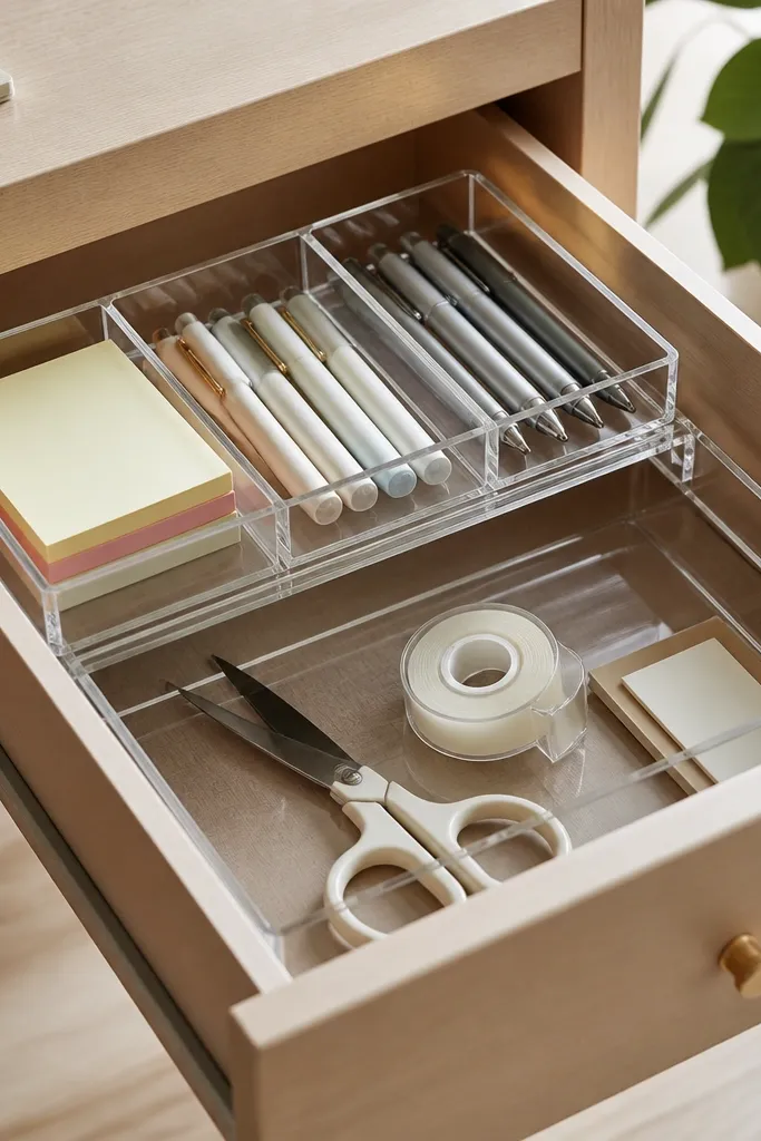 A desk drawer with clear acrylic risers dividing it into two levels. The top level has small bins for sticky notes and pens; the bottom level holds a larger bin for scissors and tape.