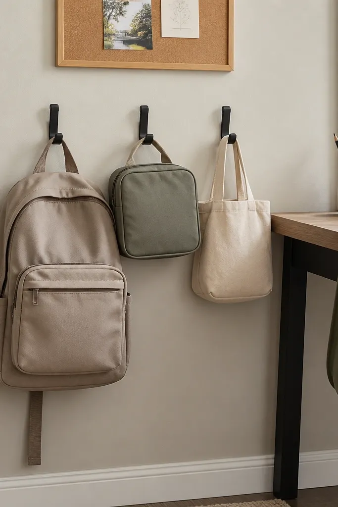 Three wall hooks mounted beside the desk. A backpack hangs on the left, a lunch bag on the middle hook, and a small tote on the right. The hooks are matte black and the wall has a small cork board above.