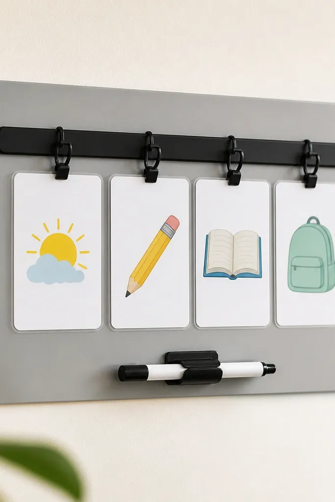 A small laminated checklist board in light gray with a black clip rail. Four cards hang in a row: morning, homework, reading, and pack-up. A dry-erase marker rests in a clip holder at the bottom.