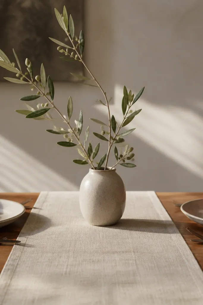 Oatmeal runner with rust napkins and one olive branch in a small vase