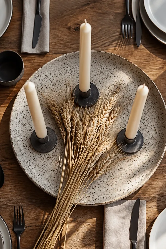 Speckled tray with three taper candles and dried wheat stems