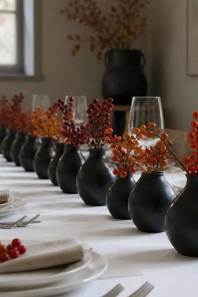 Black bud vases in a row with small red berry stems