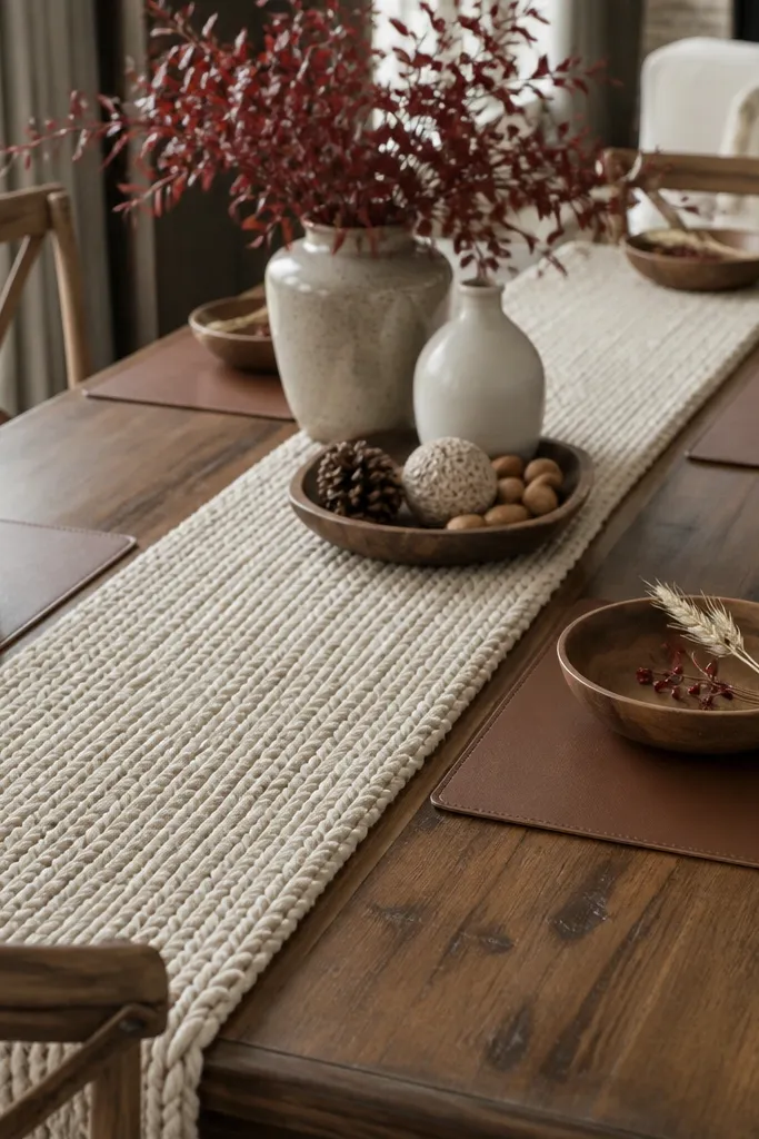 Brown leather placemats with cream knit runner and small walnut-toned bowls