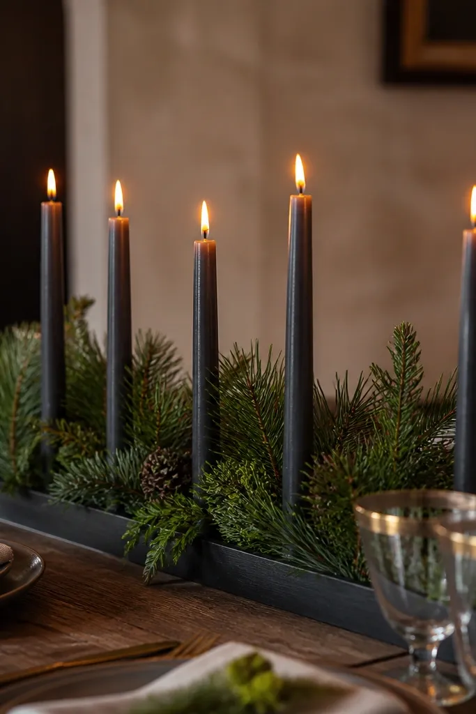 Charcoal taper candles on a low tray with small evergreen cuttings