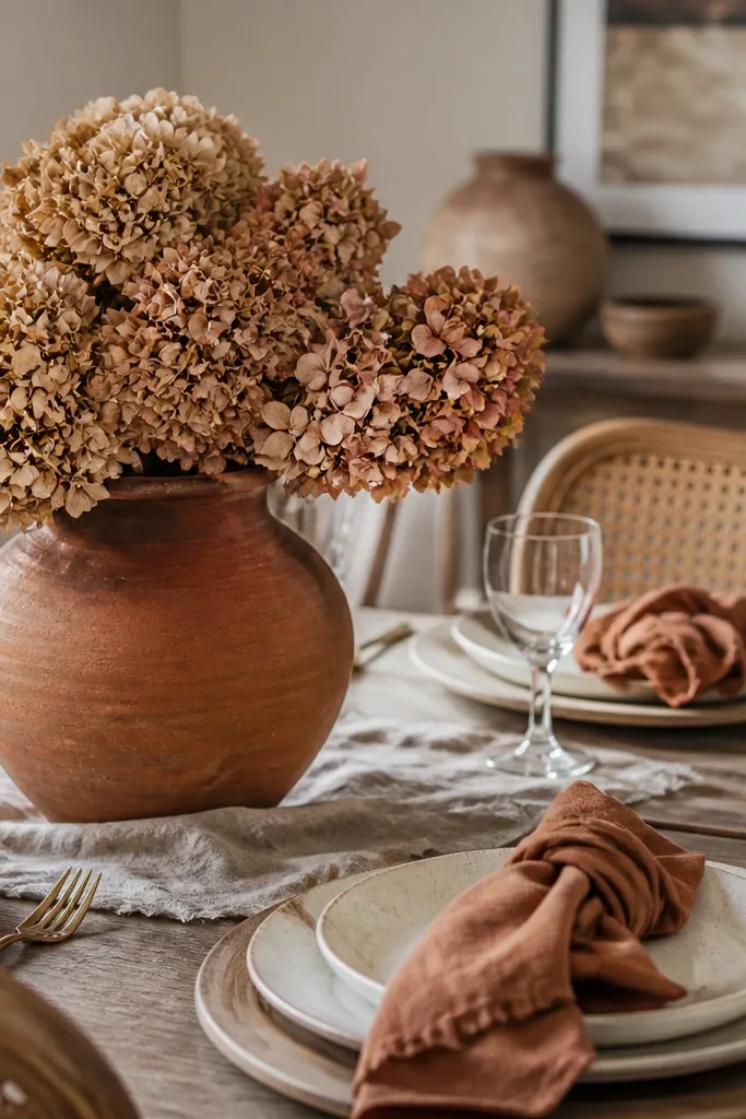 Terracotta vase with dried hydrangea and linen napkins tied in knots