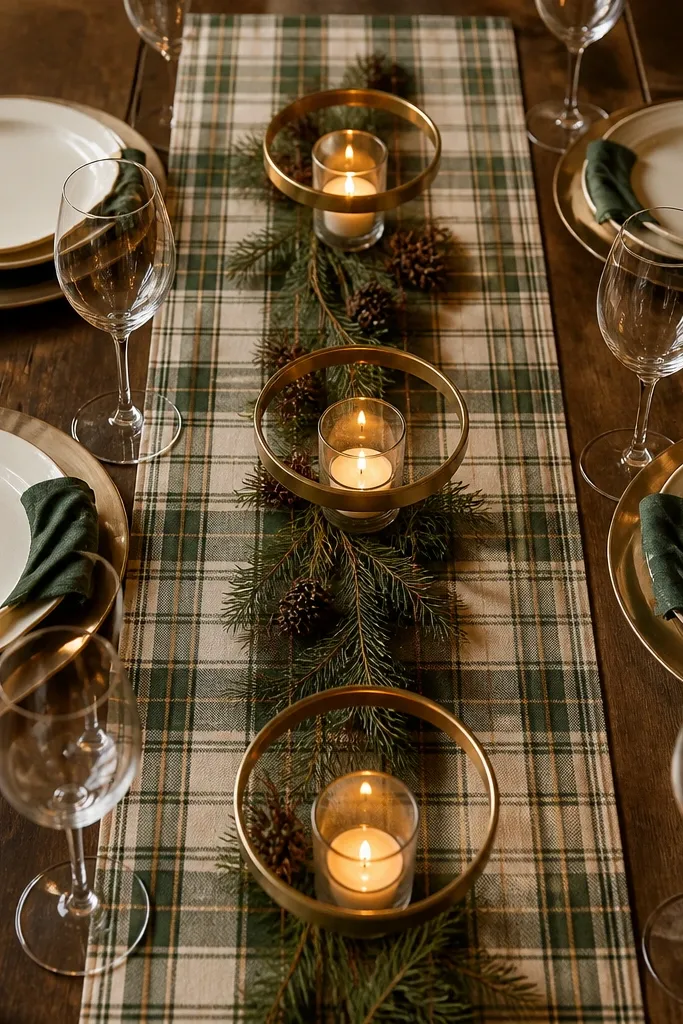 Green and cream plaid runner with brass ring candle holders and small votives