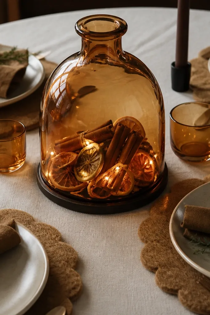 Wool felt coasters and a caramel glass cloche over a small seasonal arrangement