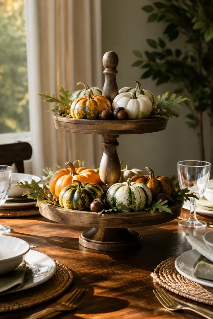 Two-tier stand with acorns, mini pumpkins, and small greenery sprigs