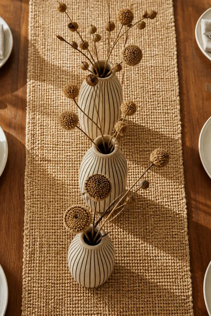 Jute runner with ceramic striped vases holding dried seed pods
