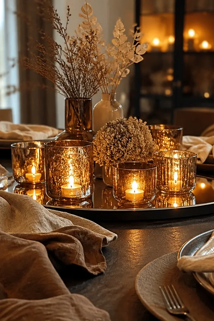 Half-moon mirror tray with amber votive glasses and folded linen